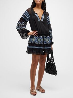 NWT Ramy Brook Freda Embroidered Mini Dress Black Size Small Boho Resort